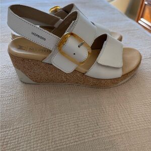 Mephisto Women's white/cork Wedge Sandals with Gold Buckle